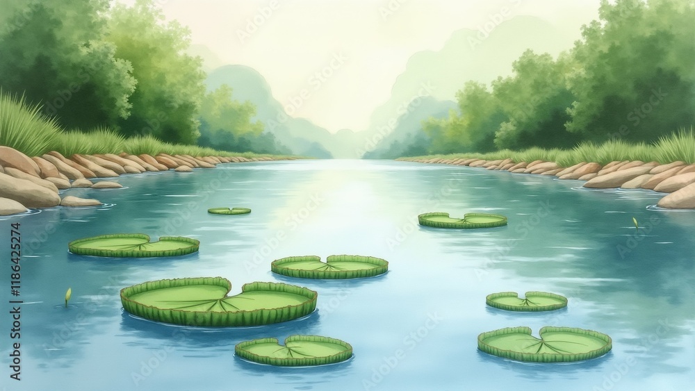 Poster the image is a digital illustration of a river with multiple green lily pads floating on the surface