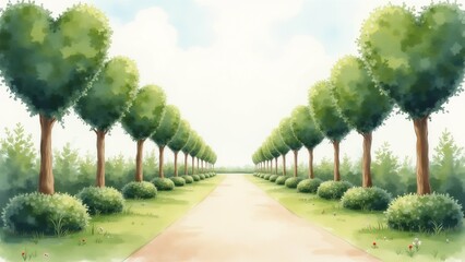 Obraz premium The image is a digital illustration of a long, straight road lined with trees on both sides. The trees are tall and slender, with green leaves covering their trunks.