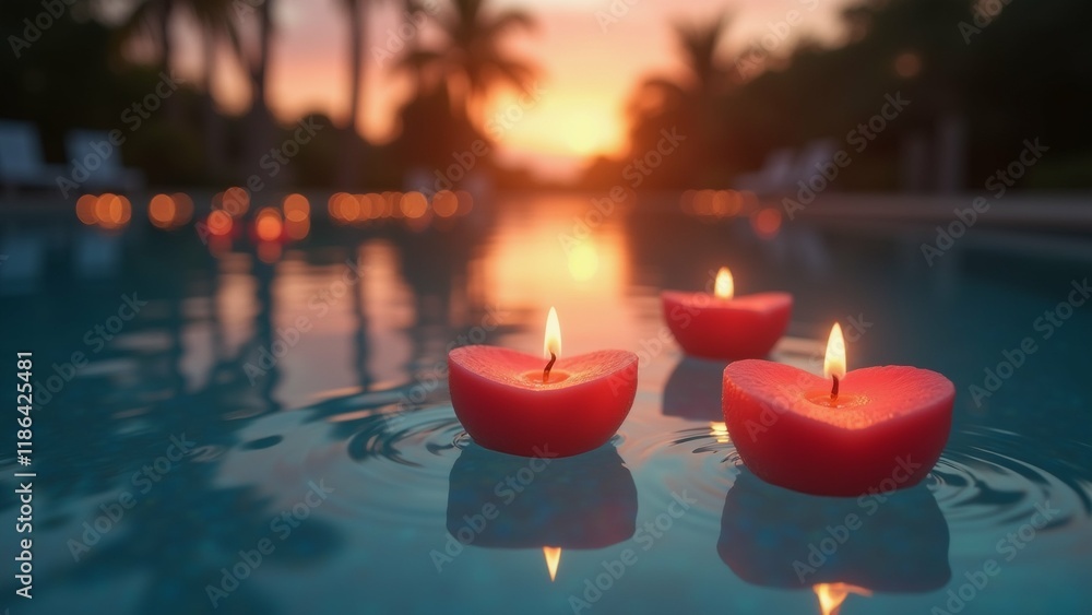 Poster the image shows three red heart-shaped candles floating on the surface of a swimming pool. the candl