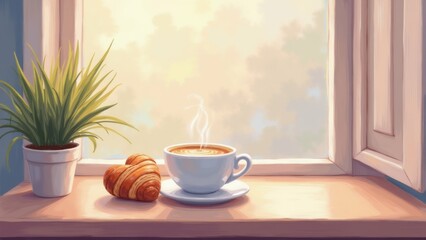 The image is a digital illustration of a window sill with a cup of coffee and a croissant on it. The window is open and the view outside is of a cloudy sky.