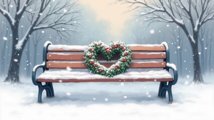 The image is a digital illustration of a wooden bench in a snowy park. The bench is covered in snow and has a wreath made of red berries and green leaves on it.