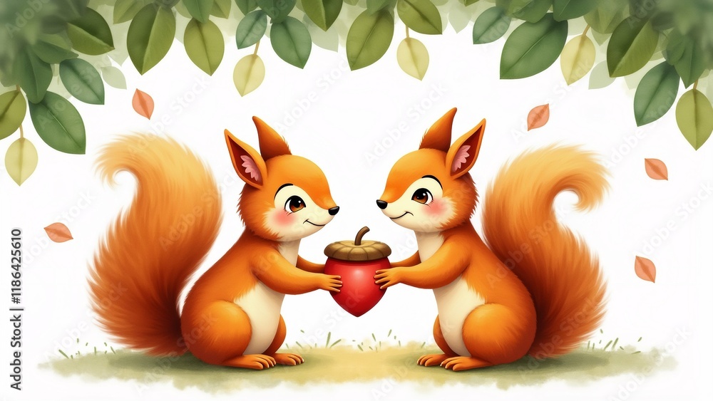 Poster the image shows two squirrels sitting on a grassy ground with a tree branch in the background. the s