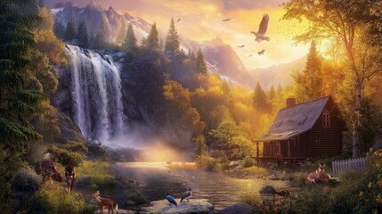 Fototapeta premium Majestic Sunset in a Village with Animals Under a Waterfall, Golden Sunset Illuminating the Village and Cascading Waterfall. Serene Village Sunset with Wildlife Under a Flowing Waterfall. Landscape