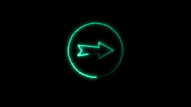 Futuristic glowing right directional neon arrow icon animation Isolated on Black Background