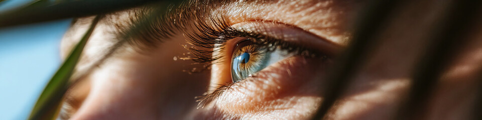 Close-up of Human Eye Partially Obscured by Plants