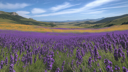 Lavender field with trees and mountains in the background. Sunrise.