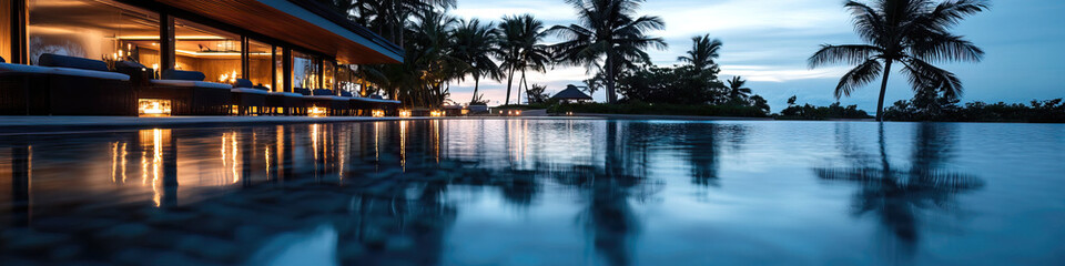 Fototapeta premium Modern Structure and Infinity Pool at Dusk with Palm Trees