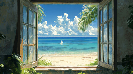 Beach window painting view ocean view seaside tropical nature landscape scene scenery wallpaper