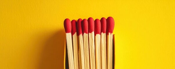 Matches in boxes on bright yellow background, minimalist composition, capturing the vibrant color and simplicity of the objects, perfect for concepts of light and