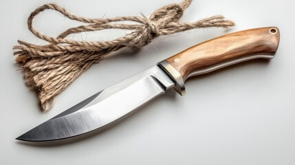 High-Quality Stainless Steel Knife with Wooden Handle and Natural Twine Background for Culinary and Outdoor Use Photography