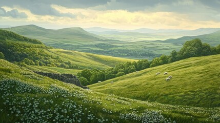 Obraz premium Beautiful Scenic Landscape of Green Rolling Hills Under Soft Cloudy Sky