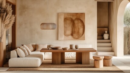 Modern beige living room, outdoor patio, minimalist design, sunlit, serene