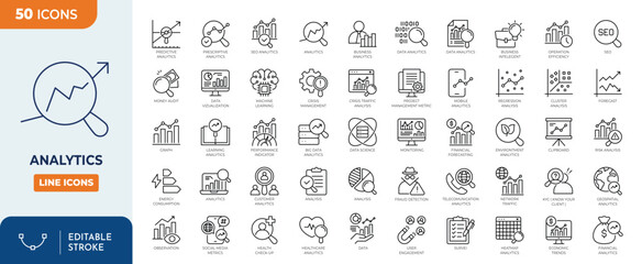 Analytics icon set. Containing data analytics, graph visualization, dashboard metrics, report, financial, seo analytics, and more. Outline Icon Collection. Vector illustration. Editable stroke	