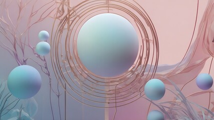 A surreal abstract design blending geometric patterns with soft, ethereal light. Use a palette of pastel gradients, including soft pinks, blues, and lavenders, with subtle transparency effects.