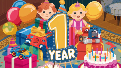 1st Birthday - Photo, illustration, greeting card - birthday of a one year old child. Balloons, cake, gifts, toys - Happy birthday to the child
