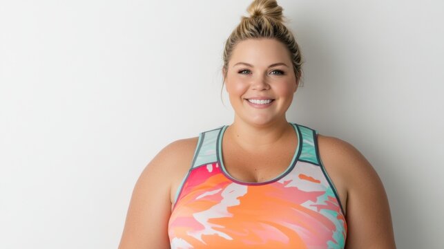 Confident Plus-Size Woman: A smiling plus-size woman with blonde hair in a topknot, confidently poses wearing a vibrant athletic top.  She exudes self-assuredness and health.