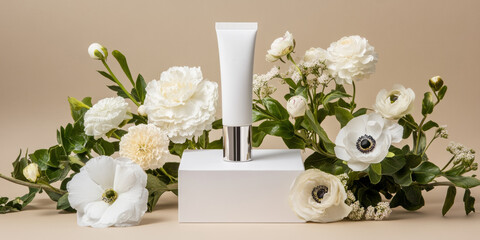 White blank skincare tube product photography, beige background with flowers