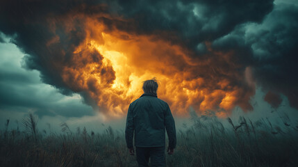 silhouette on the background of clouds and darkness. A sense of loneliness, freedom, despair or helplessness.