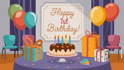 1st Birthday - Photo, illustration, greeting card - birthday of a one year old child. Balloons, cake, gifts, toys - Happy birthday to the child