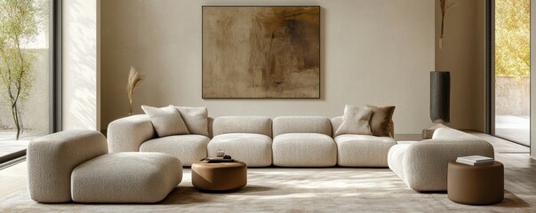 Minimalist home interior design of modern living room. Spacious interior with sleek beige boucle sofa and armchairs against stucco wall and contemporary design with earthy decorative elements