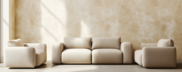 Minimalist home interior design of modern living room. Spacious interior with sleek beige boucle sofa and armchairs against stucco wall and contemporary design with earthy decorative elements