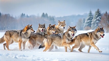 Naklejka premium A group of wolves playing and hunting together in a snowy meadow, wildlife, predator behavior, animals, hunt