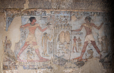 Ancient egyptian carvings and hieroglyphs at the tombs of nobles in Aswan, Egypt 