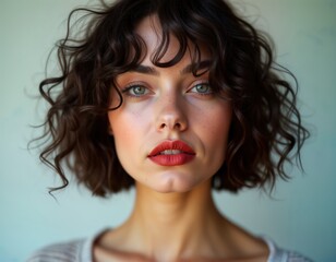 Close-up portrait of a beautiful French woman with curly bob hairstyle. Elegant and stylish look with red lipstick. Confident and alluring expression. Fashionable and chic pose. Modern beauty concept.