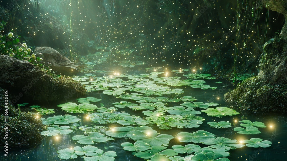 Poster enchanted pond with lily pads and glowing fireflies in a mystical forest setting