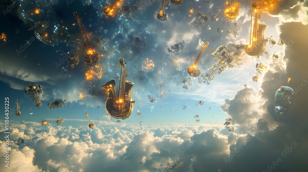 Poster golden musical instruments float above cloudscape