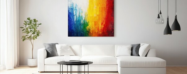 Minimalist home interior design of modern living room with white L-shaped sofa, abstract artwork, and minimalist decor.