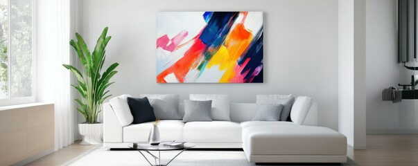 Minimalist home interior design of modern living room with white L-shaped sofa, abstract artwork, and minimalist decor.
