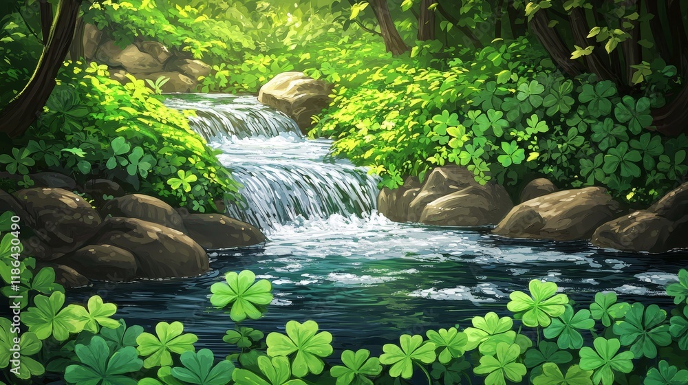 Poster Serene Forest Stream with Lush Greenery and Gentle Waterfall in Nature Setting
