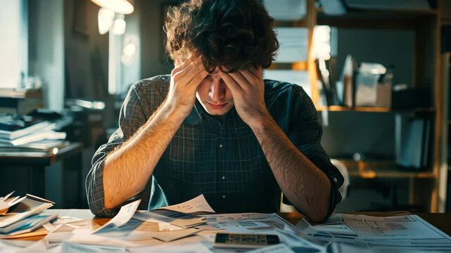 Overwhelmed individual struggles with paperwork in a dimly lit office environment at night