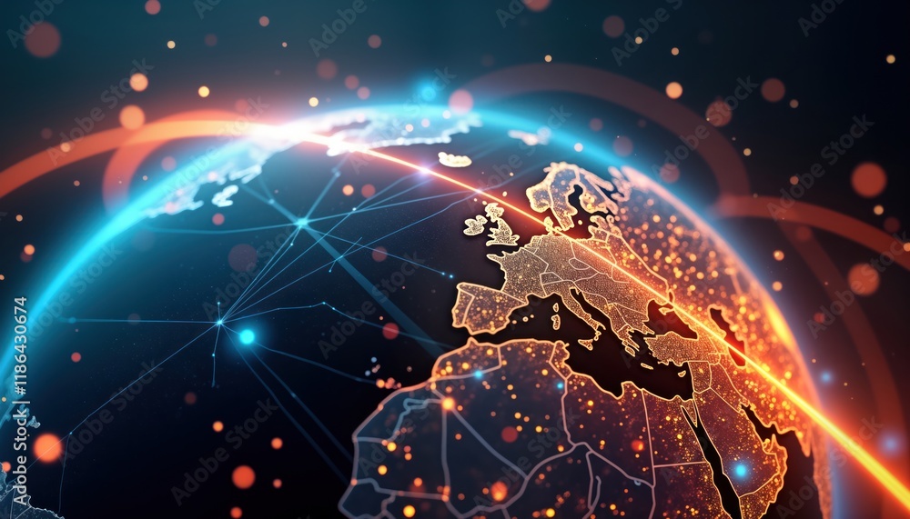 Fototapete Global data transmission tech shown abstractly. Globe with glowing connections across world. Fast data transfer. Futuristic tech. Cyber network. High speed. Dynamic illustration. Modern