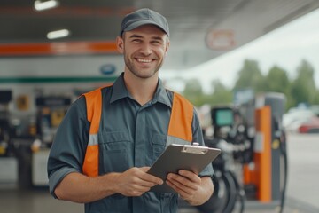 Smiling Gas Station Attendant: A friendly and approachable gas station attendant with a warm smile holds a clipboard, ready to assist customers.