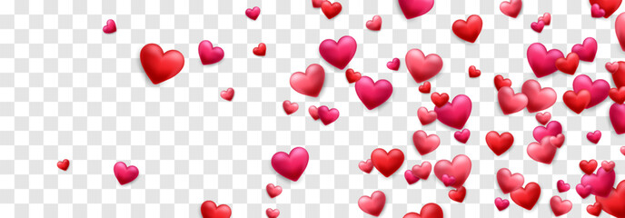 Vector 3D hearts, Valentines day love symbol. Flying cute love hearts isolated on png. Realistic romantic emoji. Valentines day vector illustration