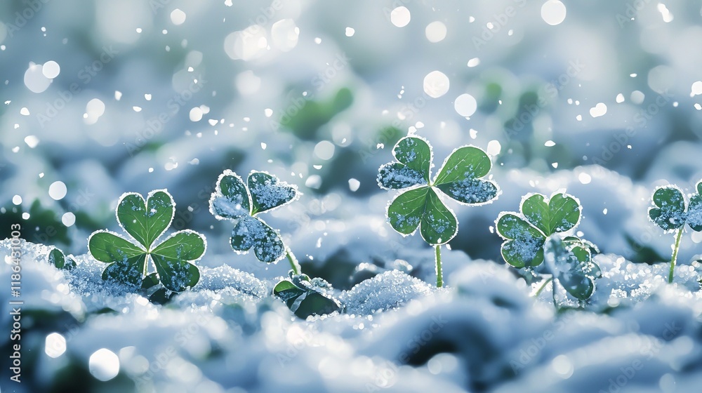 Poster snow-covered clovers sparkling in the light with soft bokeh background effects