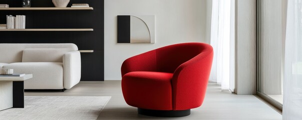 Minimalist home interior design of modern living room. Clean interior with neutral color palette. Bright red armchair adds pop of color, while white sofa and light wooden furniture