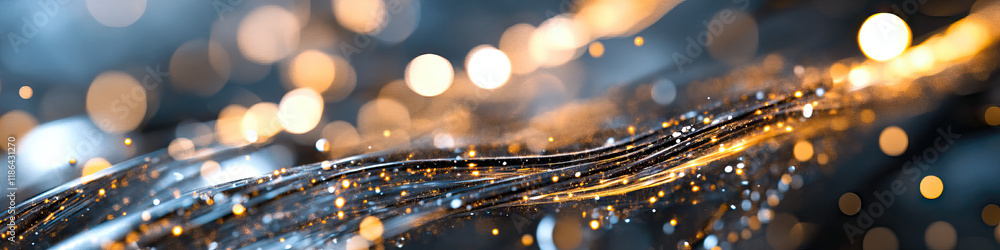 Poster abstract image: wavy lines with glittering particles and bokeh lights