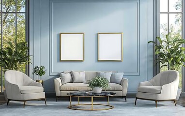 Elegant living room interior design, light blue walls, two armchairs, sofa, coffee table, large windows, green plants