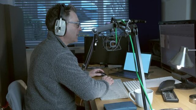 Radio presenter podcaster voiceover recording in studio
