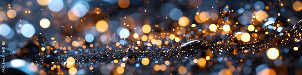 Poster oblong object on glittering surface with bokeh lights