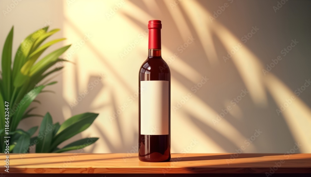 Poster red wine bottle sits on wooden table. sunlight casts shadows from leaves behind. blank label on bott