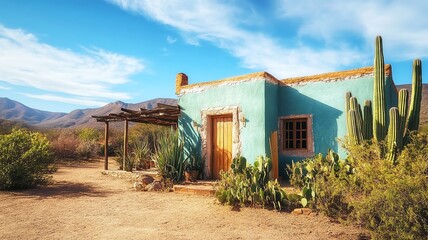 traditional mexican style house in the desert with cactus
