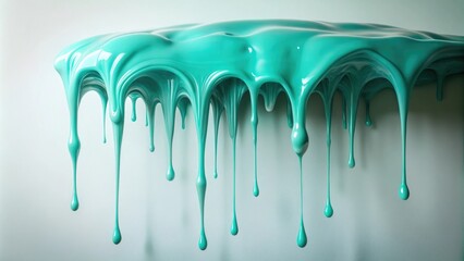 A glob of dripping slime cascades down a smooth white surface, leaving a trail of vibrant aqua liquid behind it, pure white background, gloopy mess
