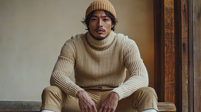 A young man in a beige turtleneck sweater and matching beanie sits with a serious expression.
