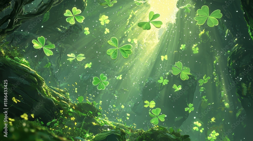 Poster enchanted forest with lush greenery and floating shamrocks illuminated by sunlight