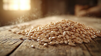 Obraz premium Wheat grains piled on rustic table in barn, sunlit window.