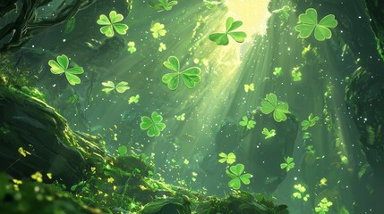 Fototapeta premium Enchanted Forest with Lush Greenery and Floating Shamrocks Illuminated by Sunlight